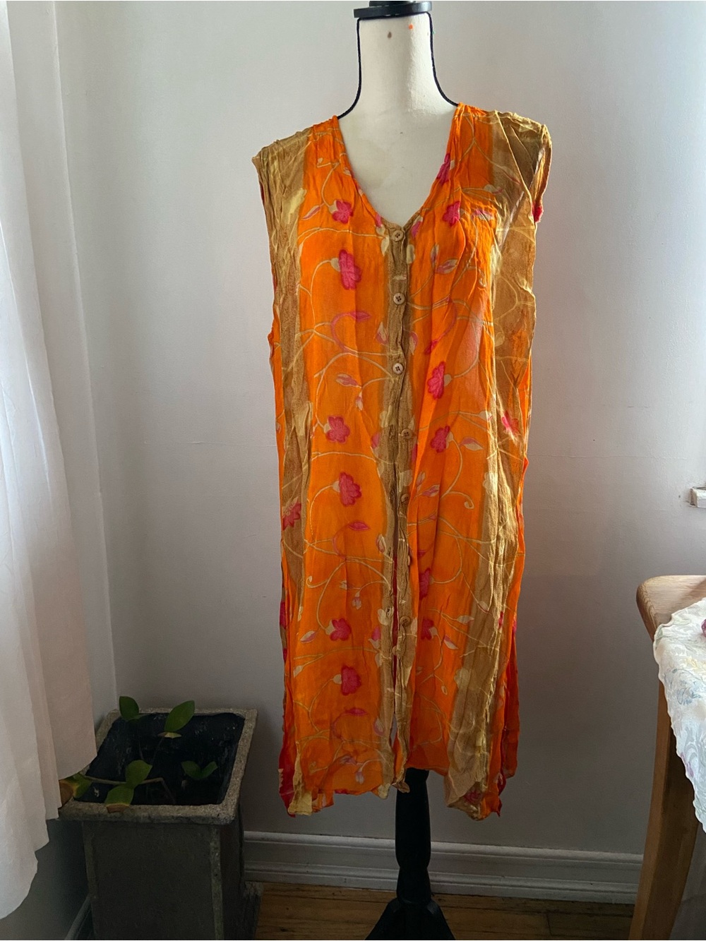 Sleeveless Orange Floral Button-Front Dress